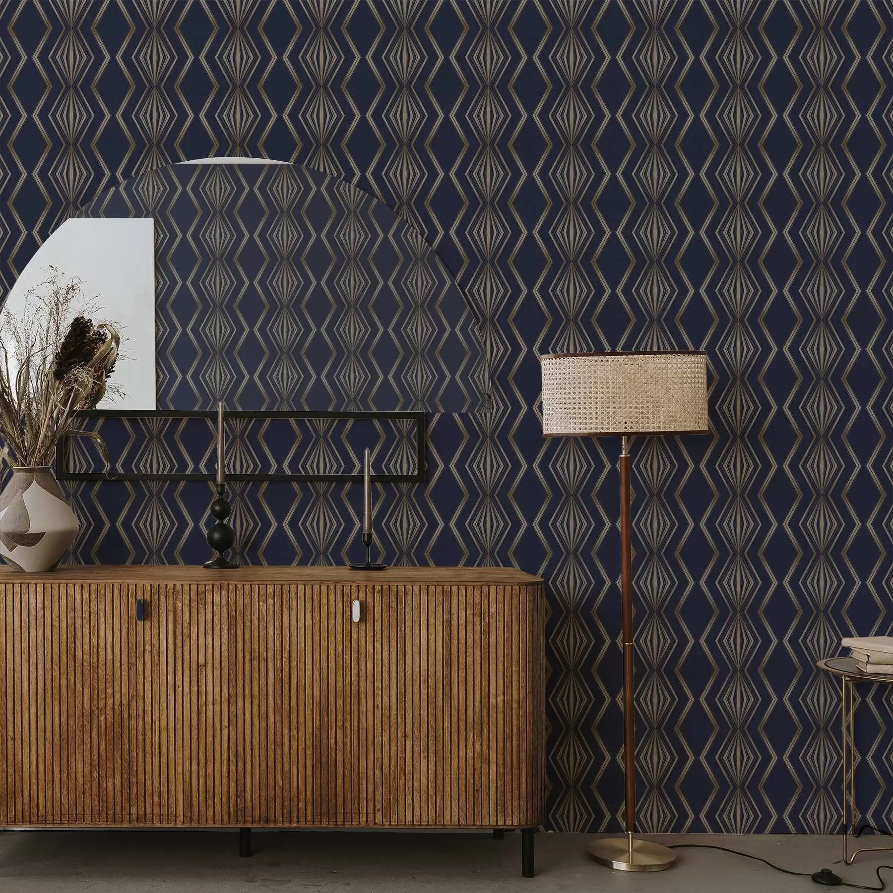 murales de pared Fondo azul oscuro con rombos geométricos y zigzags a00974v2