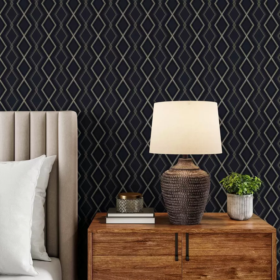 murales de pared Cuadrícula de rombos azul oscuro con finas líneas claras a00975