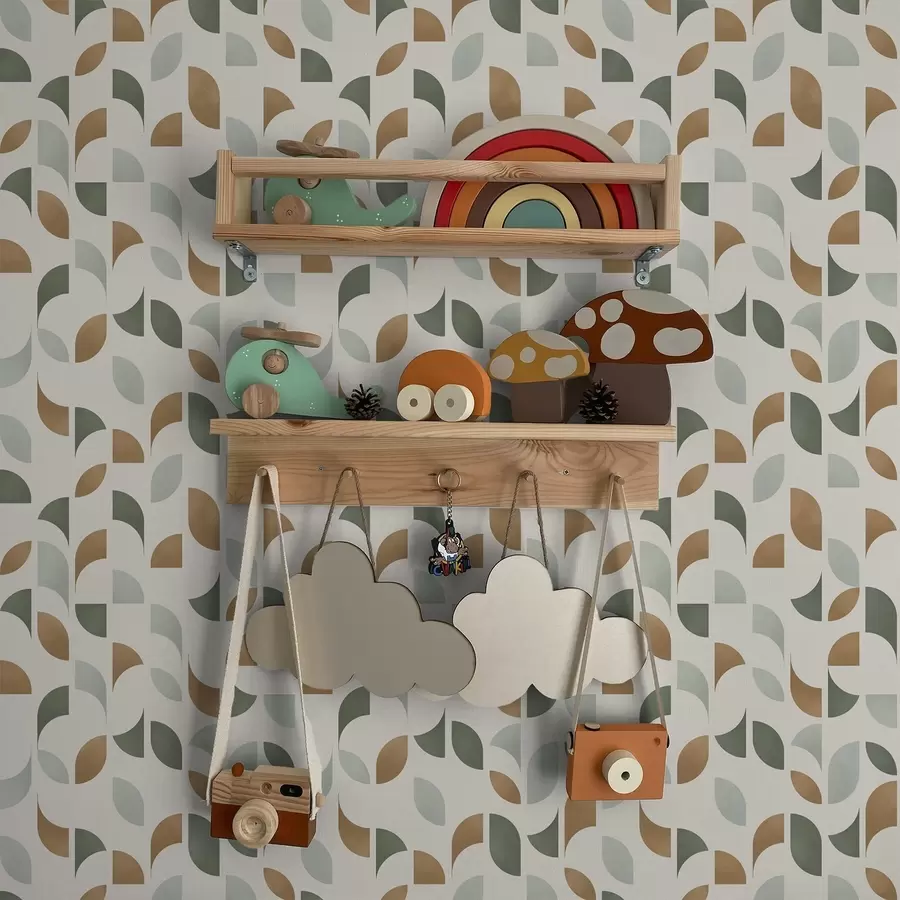 murales de pared Medios círculos y hojas abstractos en verde y terracota. a00985