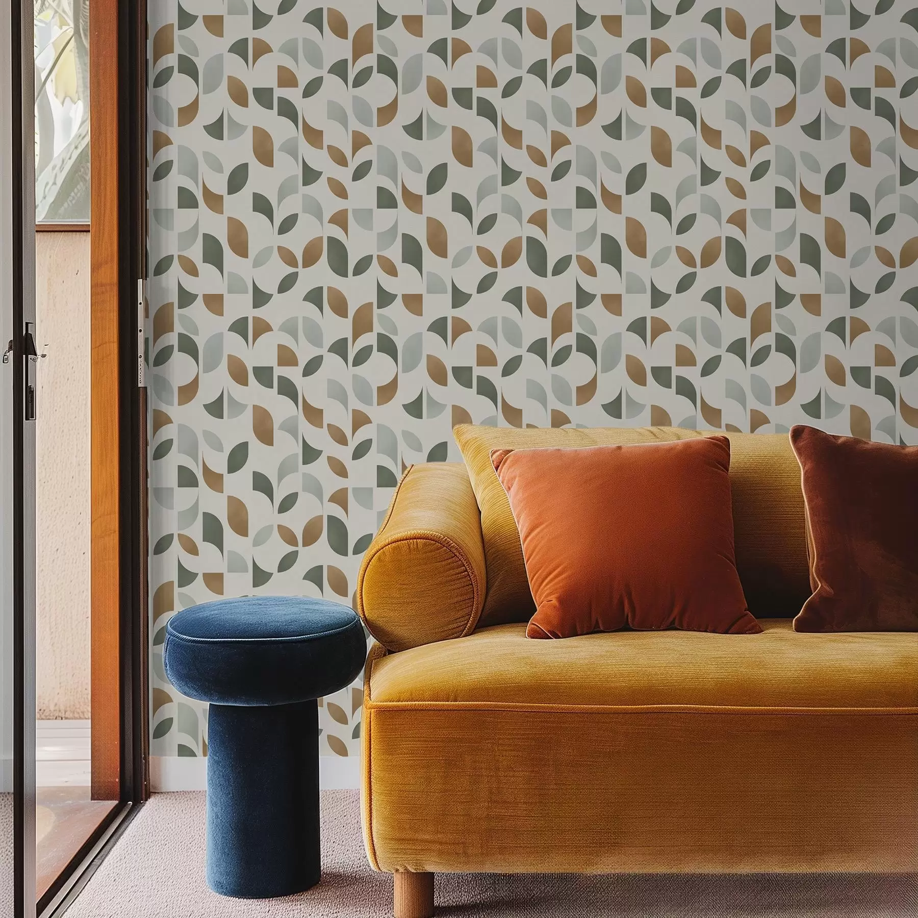 murales de pared Columnas verticales de medias lunas y hojas, verde-terracota a00986