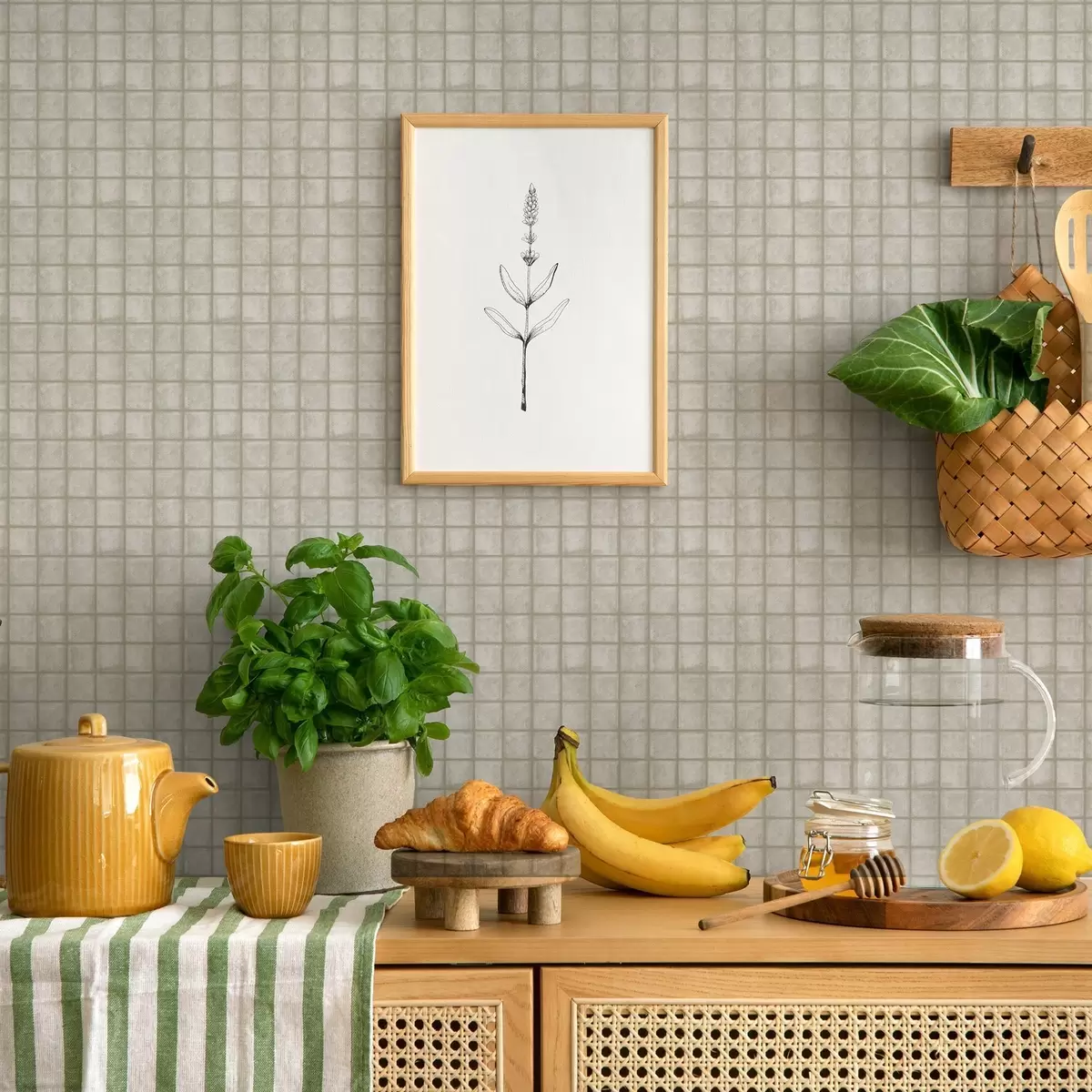 Papel pintado Imitación de baldosas cuadradas en una suave paleta de colores gris verdosos. a00988