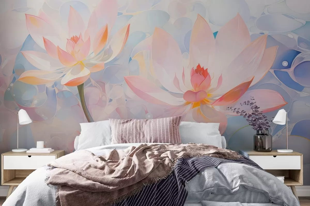 murales de pared Flores de loto en tonos pastel suaves, estilo acuarela. w09512