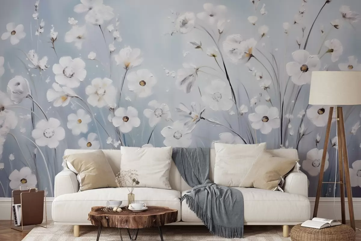 murales de pared Flores blancas contra un cielo azul en estilo pintura al óleo w09516