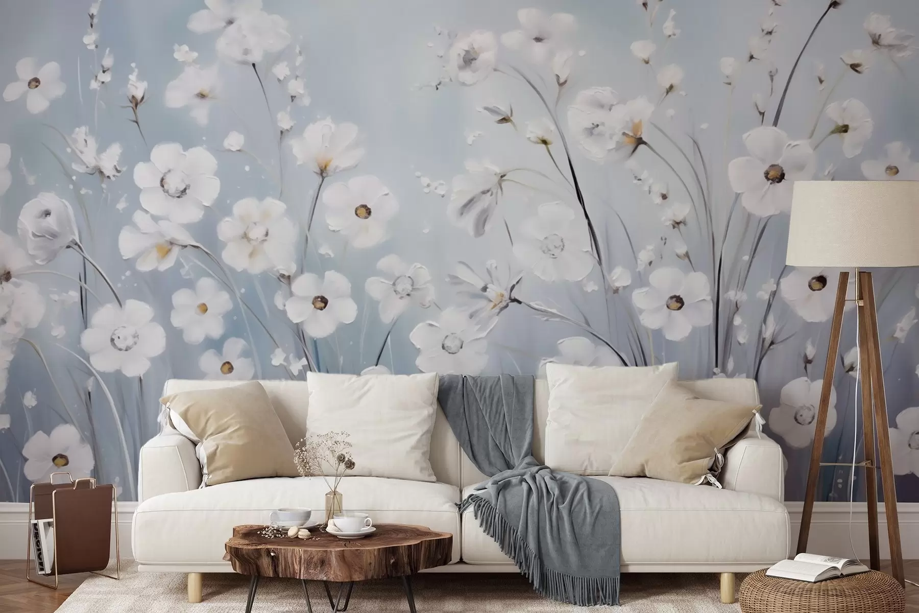 murales de pared Flores blancas contra un cielo azul en estilo pintura al óleo w09516