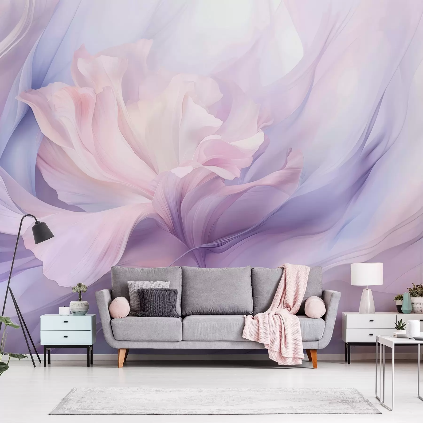 murales de pared Suave bruma de pétalos: una flor etérea en una neblina lila pastel w09517