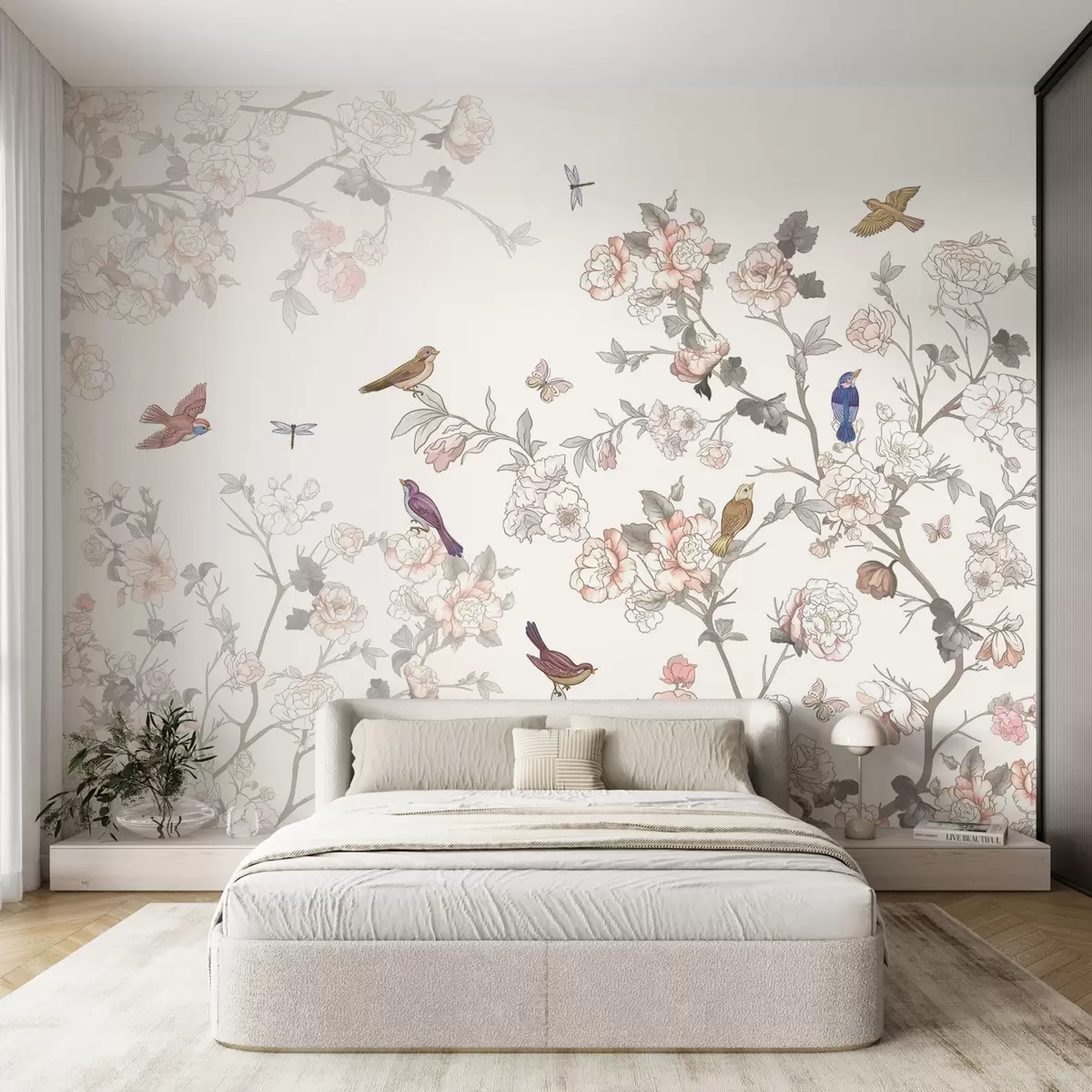 murales de pared Pájaros cerca de ramas con flores w04939