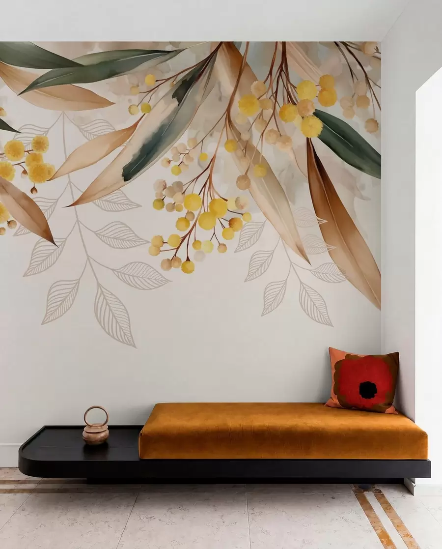 murales de pared flores y hojas de mimosa cayendo desde arriba en estilo acuarela w04880