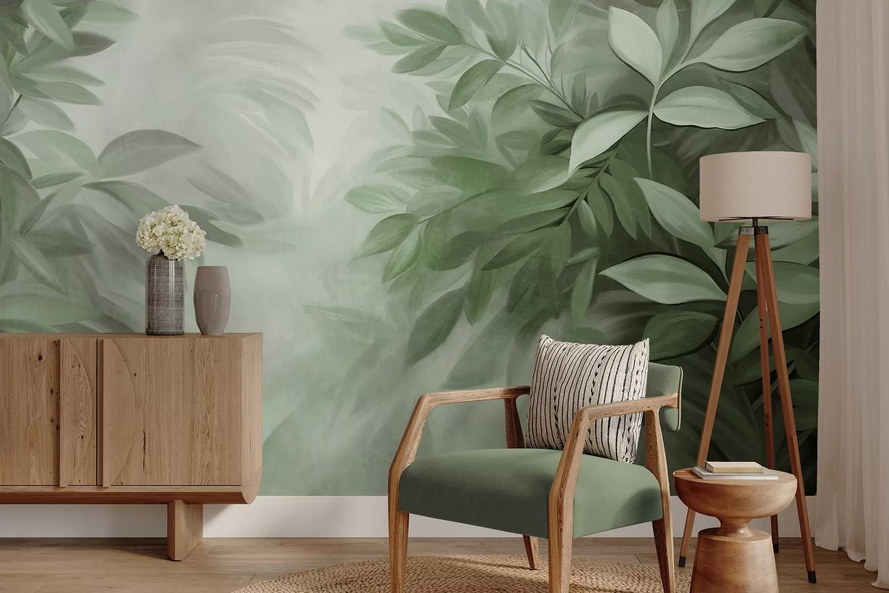 murales de pared Hojas verdes y grises con un follaje de textura suave y difuminada, en un estilo pictórico con pinceladas visibles w09584v1
