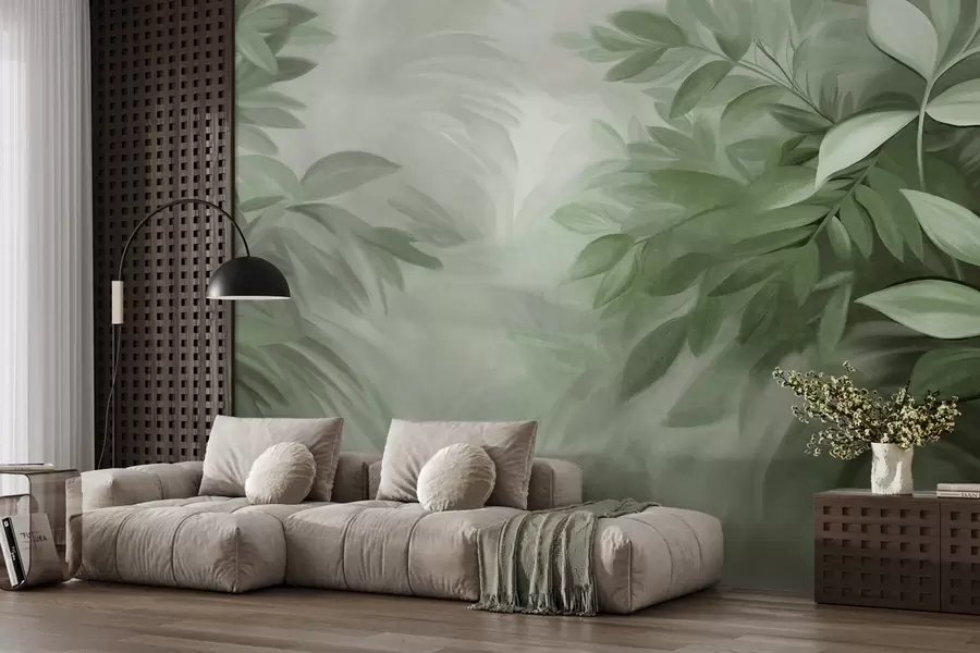 murales de pared Hojas verdes y grises con un follaje de textura suave y difuminada, en un estilo pictórico con pinceladas visibles w09584v1