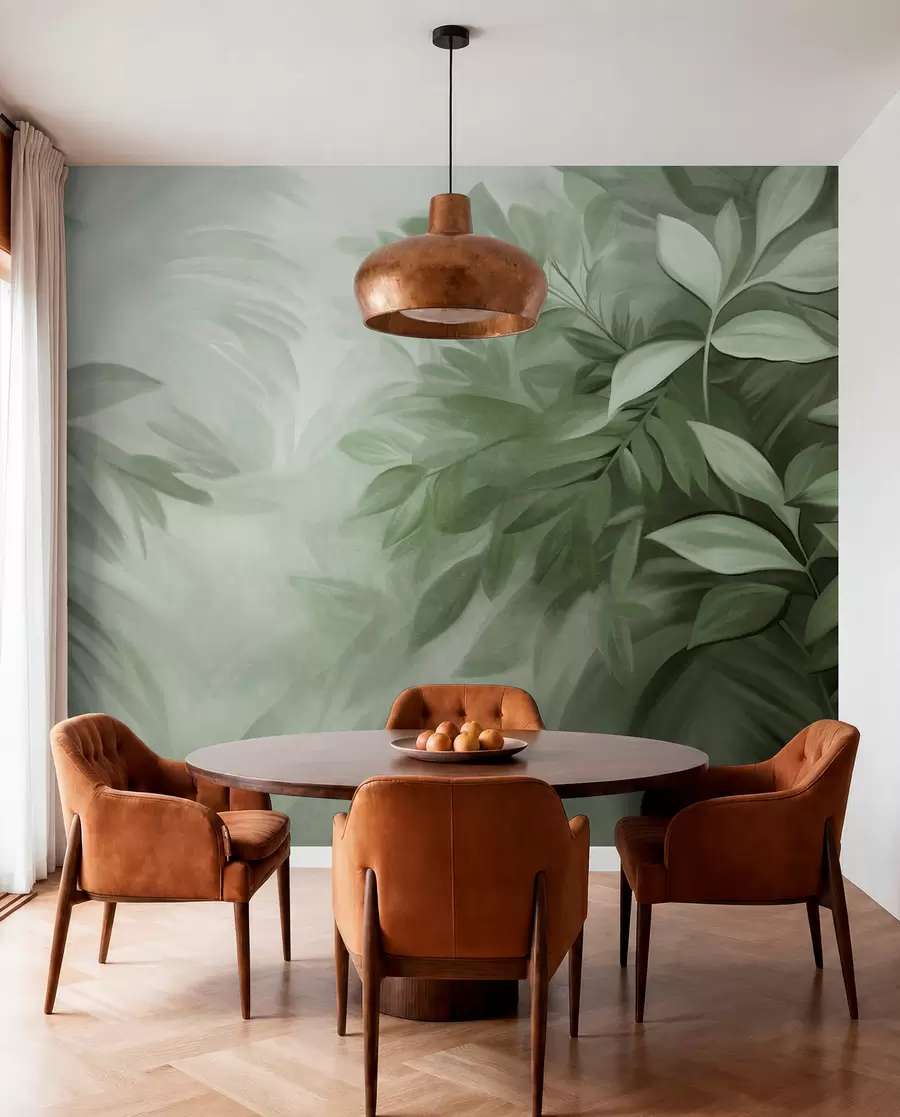 murales de pared Hojas verdes y grises con un follaje de textura suave y difuminada, en un estilo pictórico con pinceladas visibles w09584v1