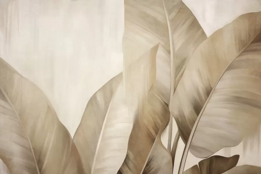 murales de pared Hojas de plátano grandes y texturizadas de color marrón claro sobre un fondo beige claro, con una estética suave y minimalista w09586
