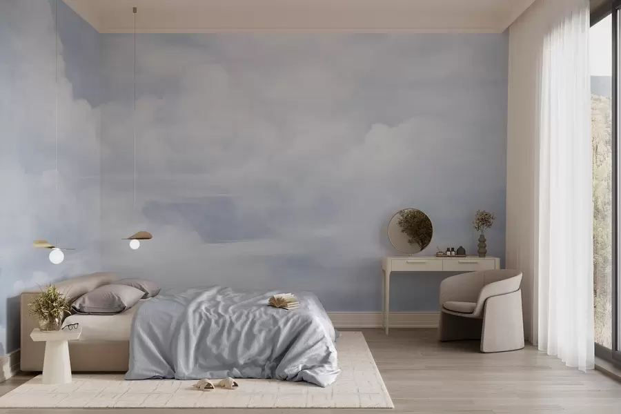 murales de pared Cielo con textura pastel lleno de nubes blancas con una estética suave y minimalista w09589