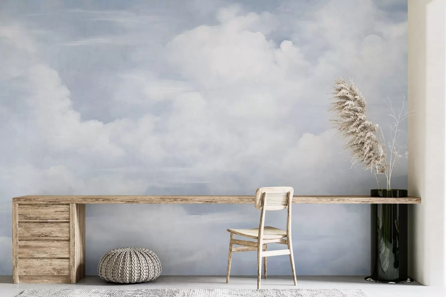 murales de pared Cielo con textura pastel lleno de nubes blancas con una estética suave y minimalista w09589