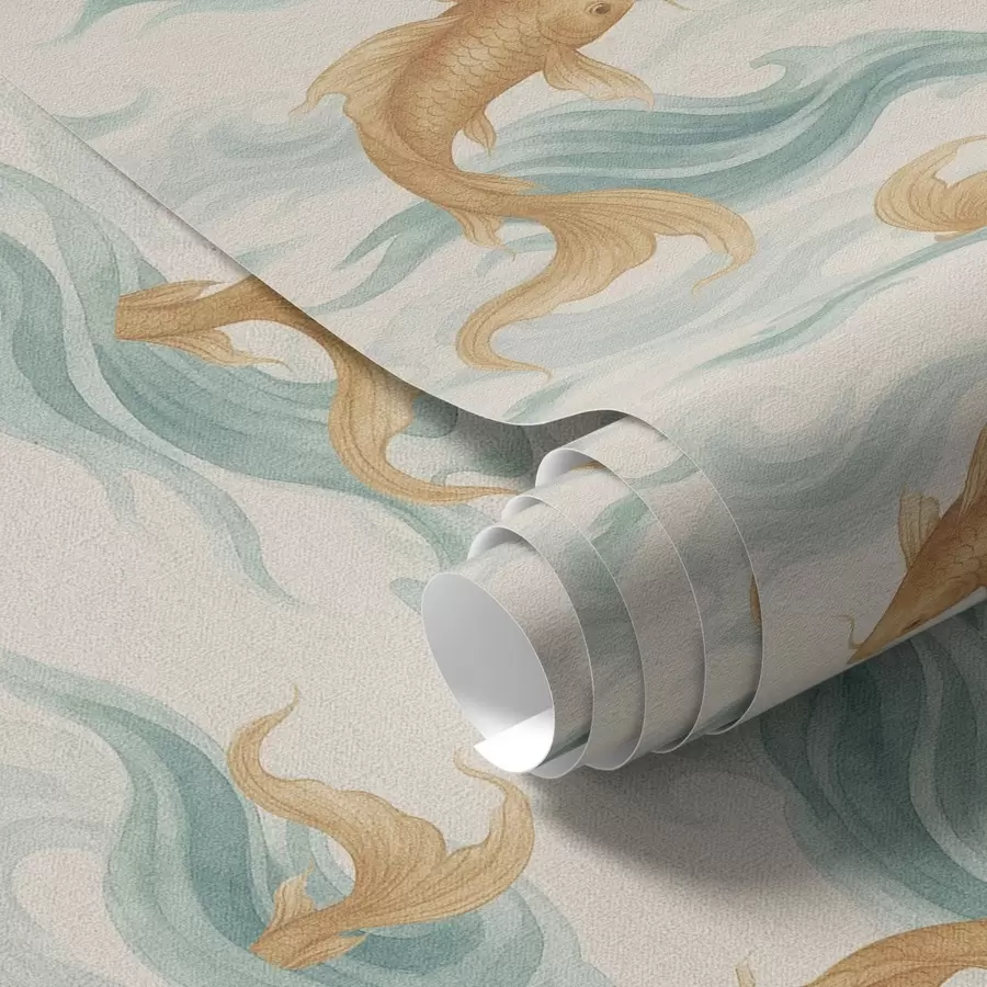 murales de pared Peces koi ámbar nadando entre suaves olas turquesas a00894