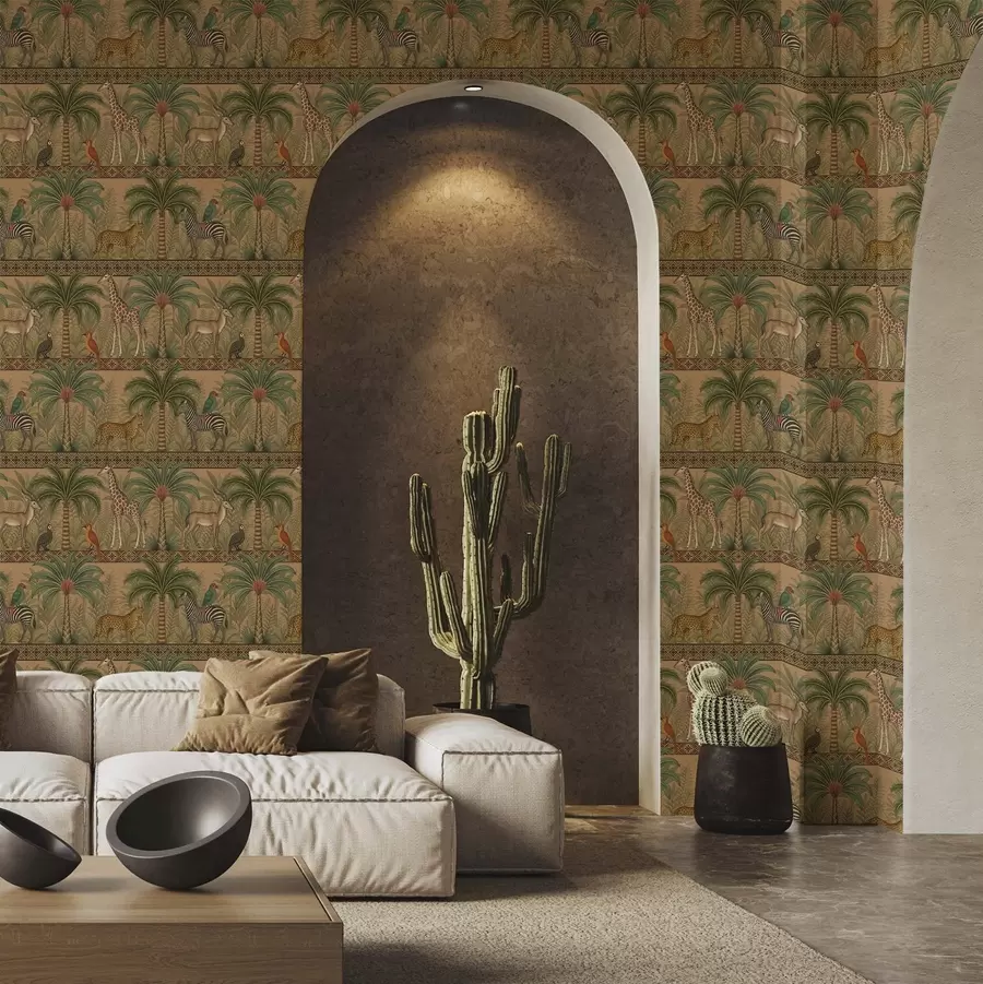 murales de pared Animales decorativos de la sabana entre palmeras y bordes a00898