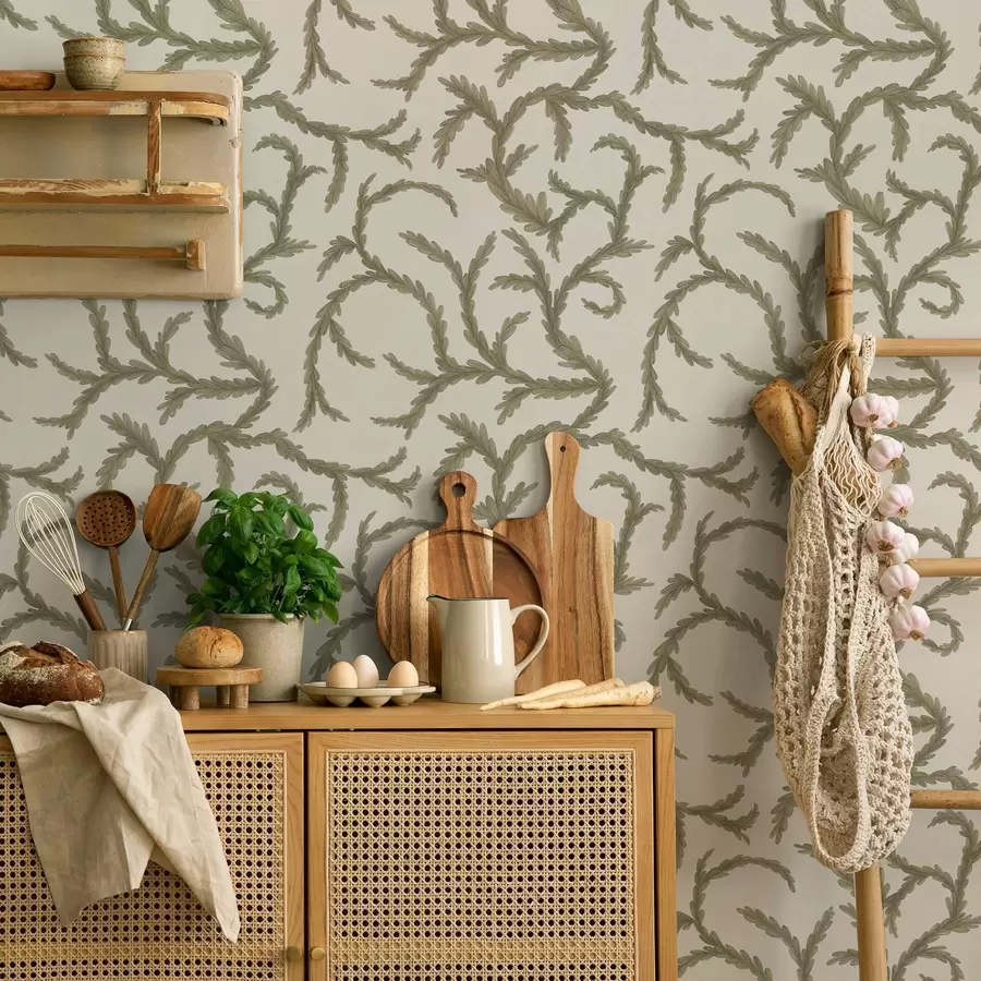 murales de pared Suaves rizos verdes de coníferas sobre un fondo claro. a00938