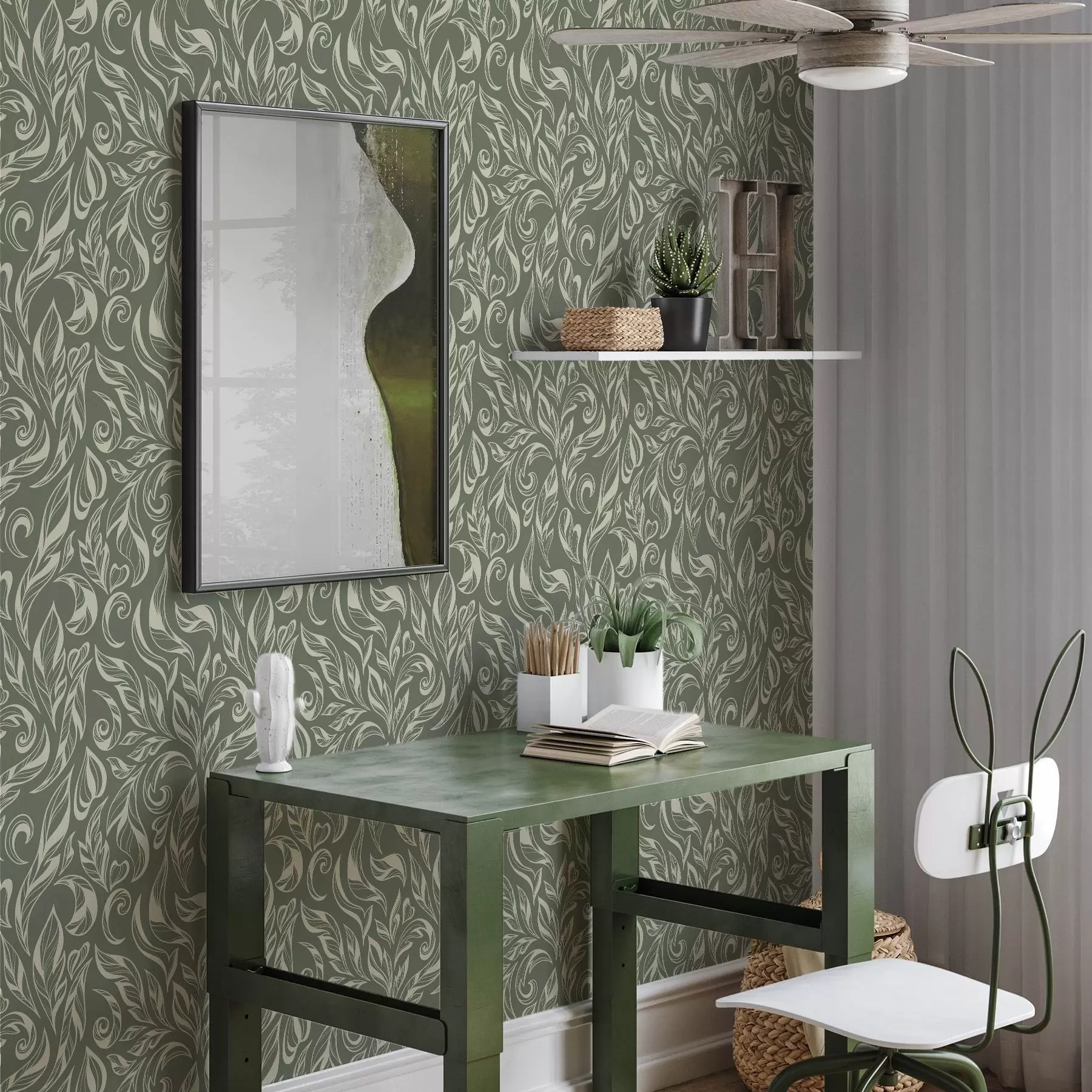 murales de pared Adorno de hojas color crema sobre fondo gris verdoso a00940v2