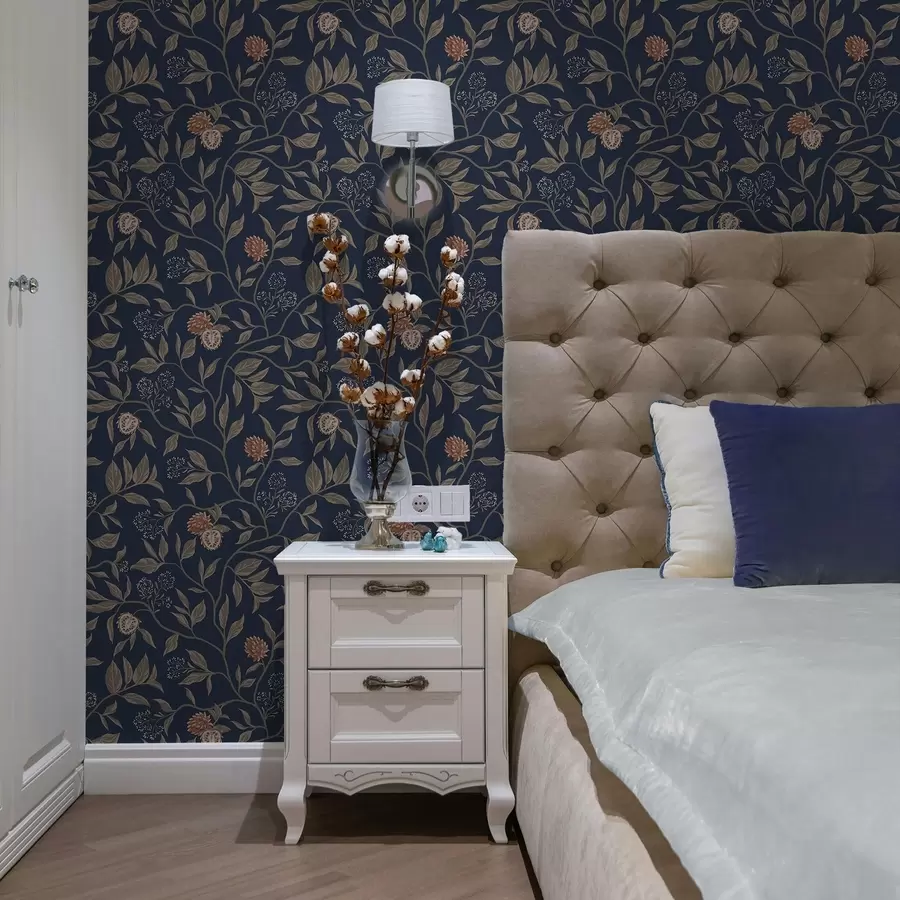 murales de pared Jardín azul con ramas, frutos y pequeñas flores. a00959