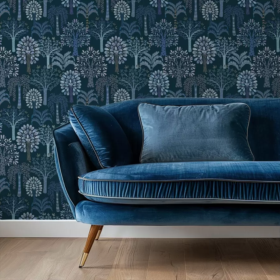 murales de pared Bosque nocturno con árboles decorativos en tonos azules a00960v2