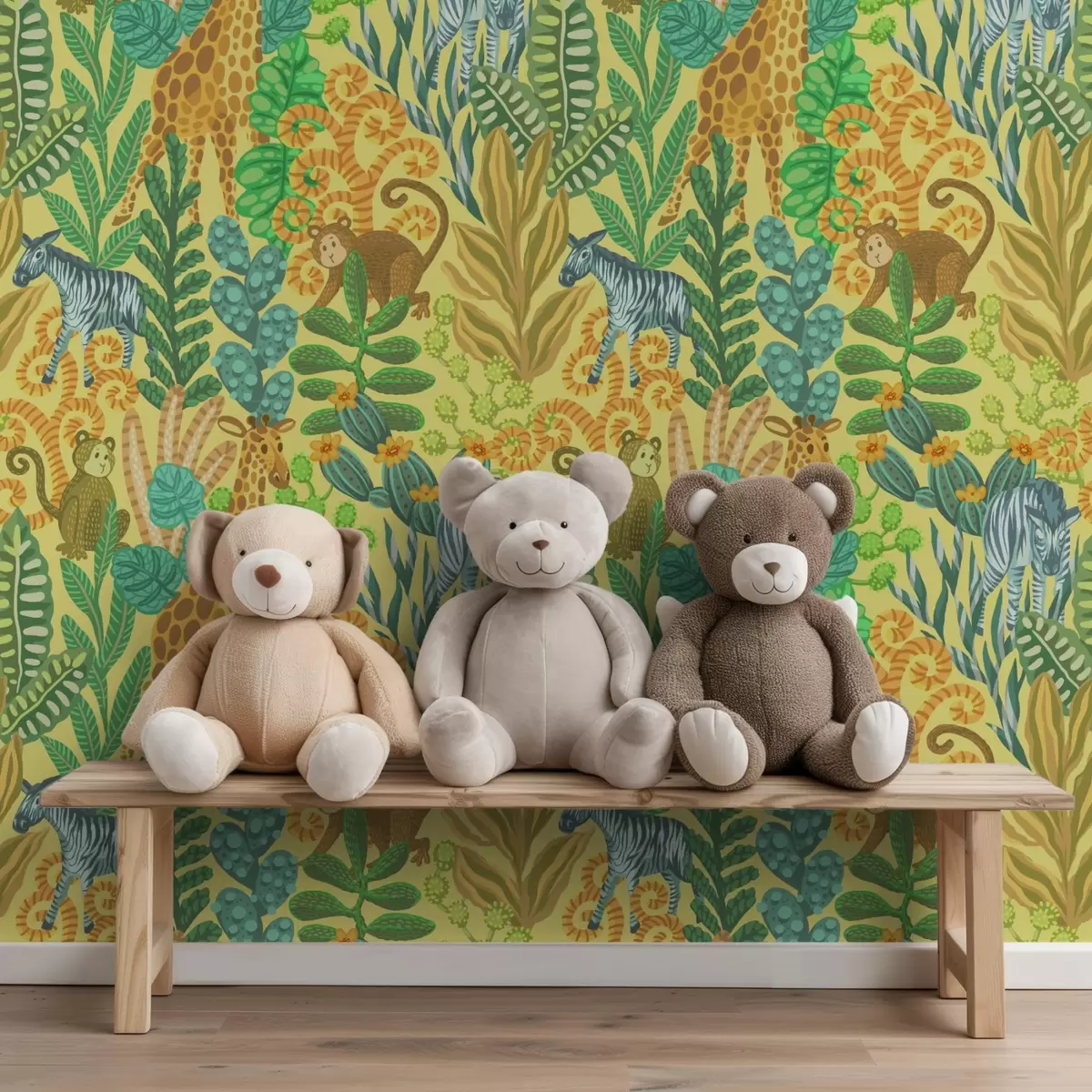 Papel pintado Jirafa, cebra y mono en una sabana de color amarillo brillante. a01000v1