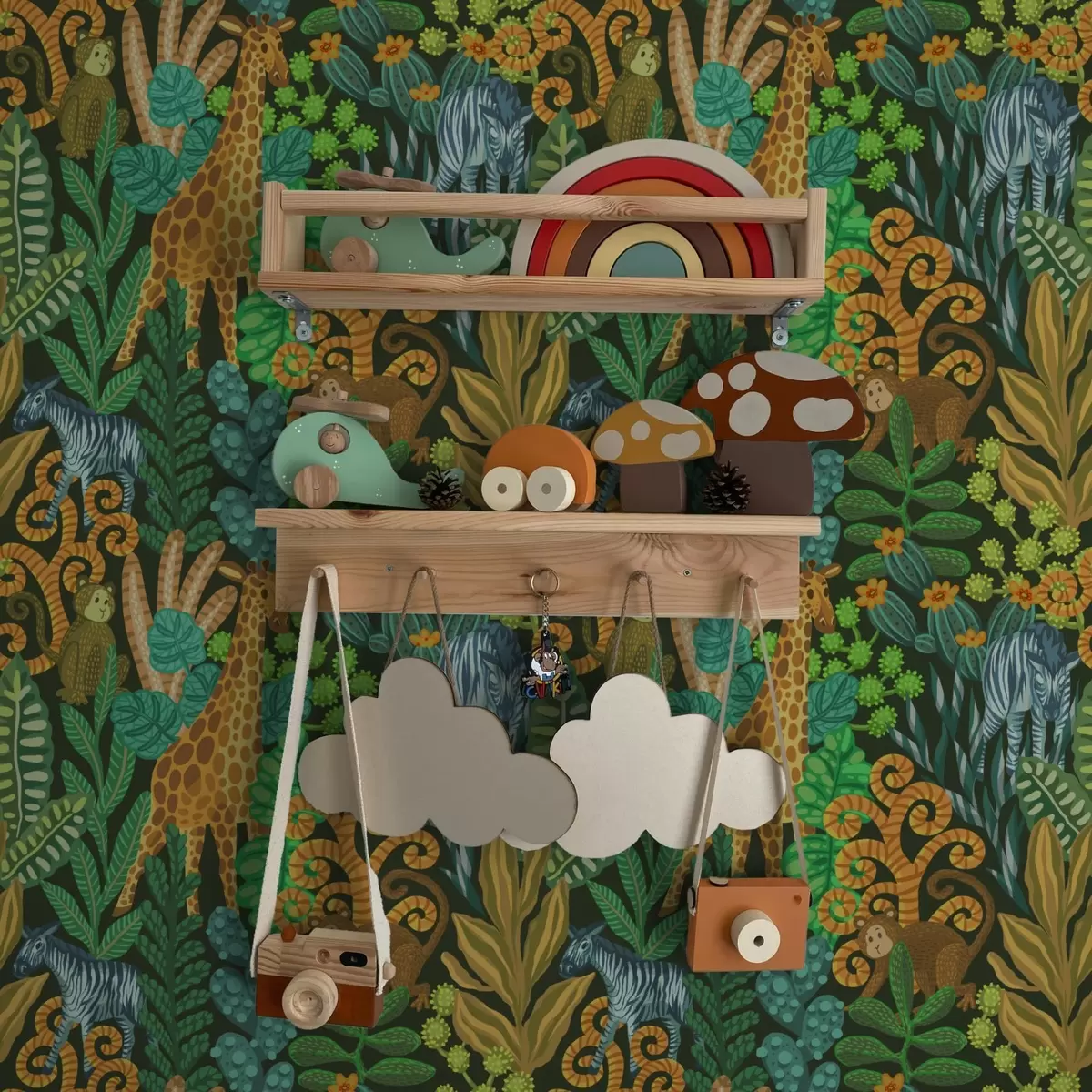 Papel pintado Selva densa con animales sobre un fondo verde oscuro. a01000v2