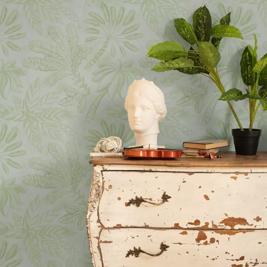 murales de pared Hojas tropicales esbozadas en tonos verde claro frescos. a01001v1