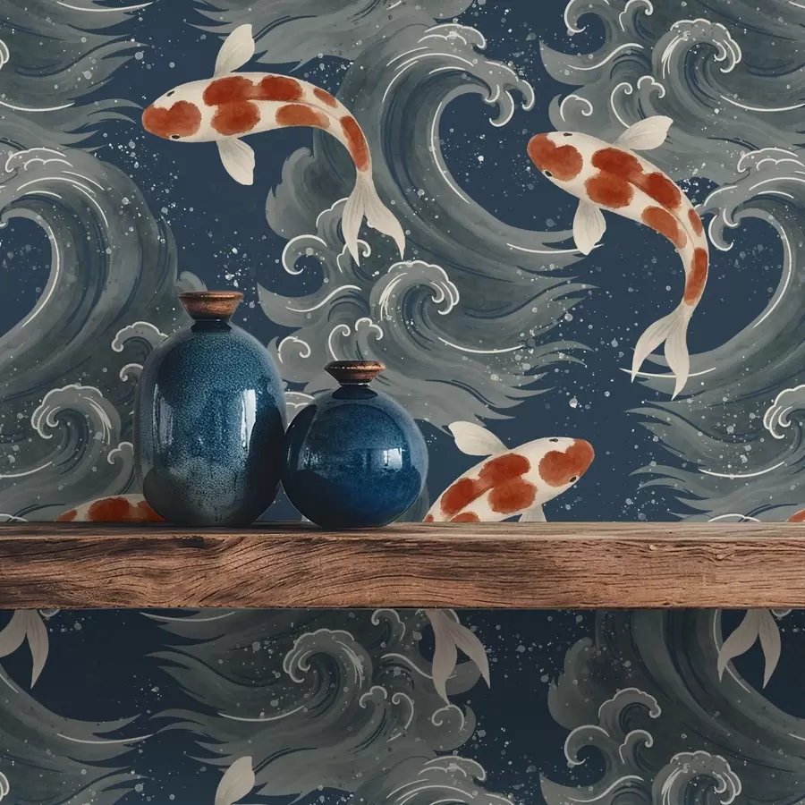 murales de pared Peces koi nadando entre espectaculares olas oceánicas. a01019