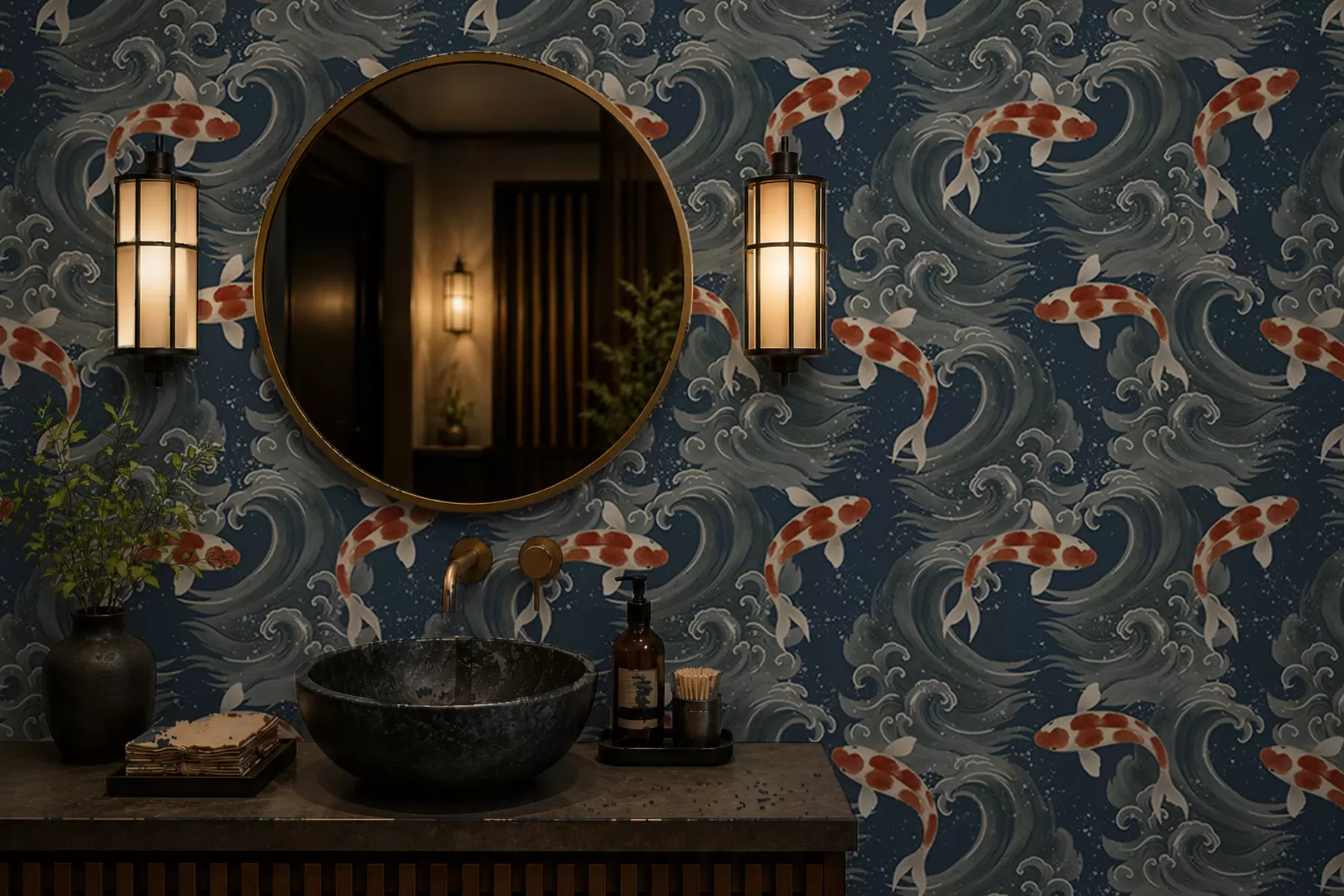 murales de pared Peces koi nadando entre espectaculares olas oceánicas a01019
