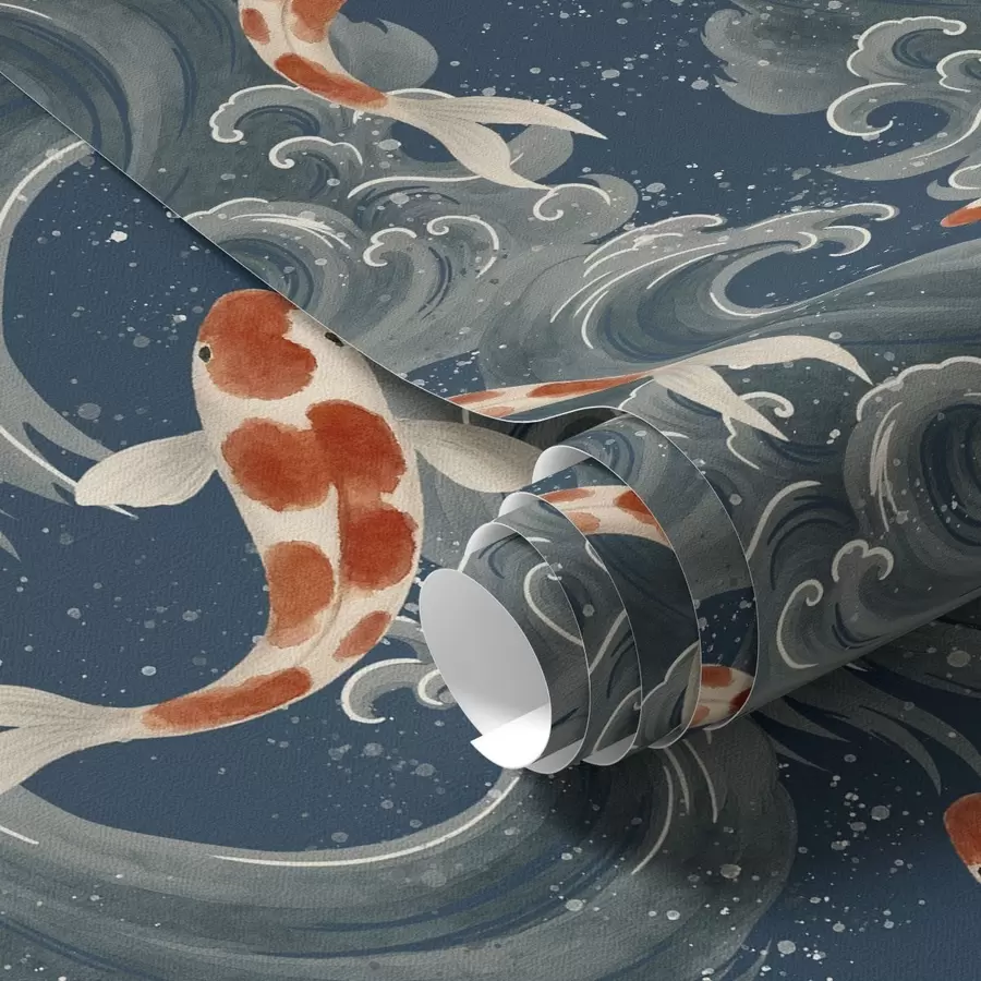 murales de pared Peces koi nadando entre espectaculares olas oceánicas a01019