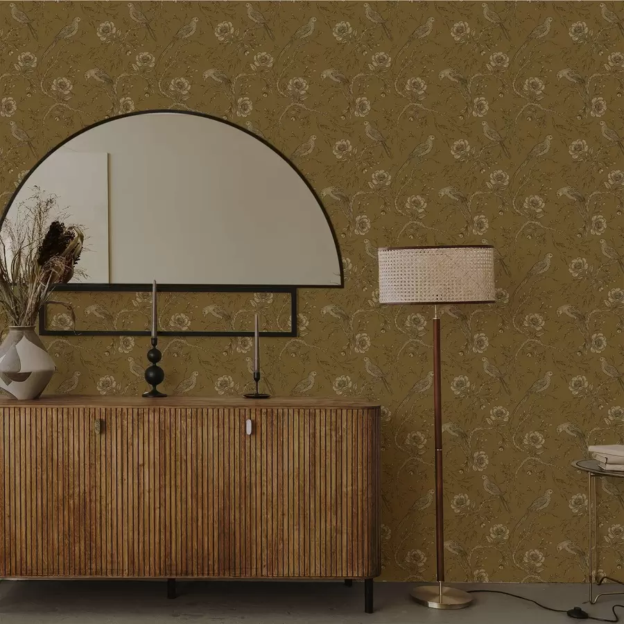 murales de pared Aves y flores vintage sobre un cálido fondo oliva. a01022v1