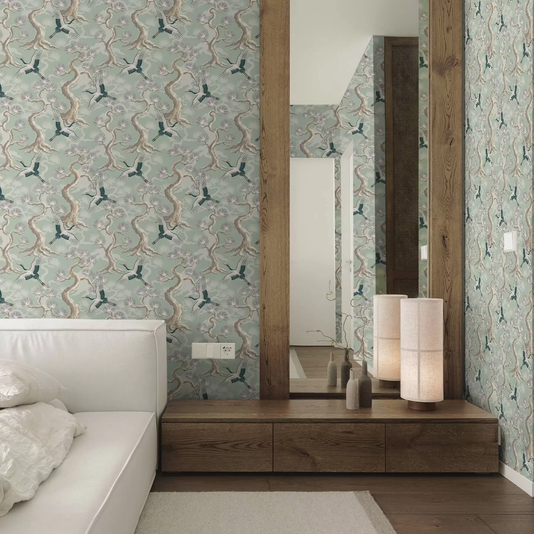 murales de pared Grullas entre ramas curvadas sobre un suave fondo color salvia a01023