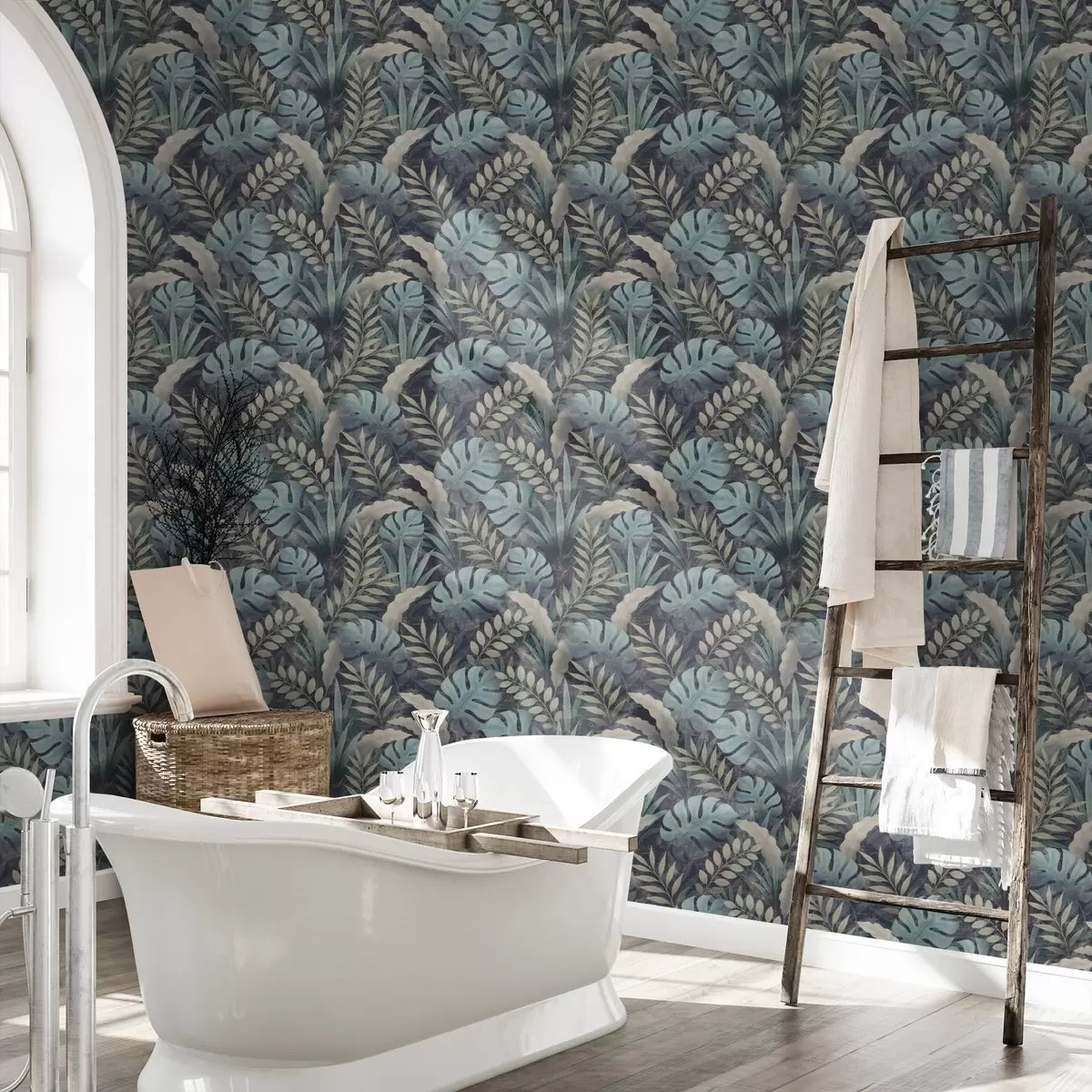 Papel pintado Follaje tropical en tonos azul verdosos fríos. a01035