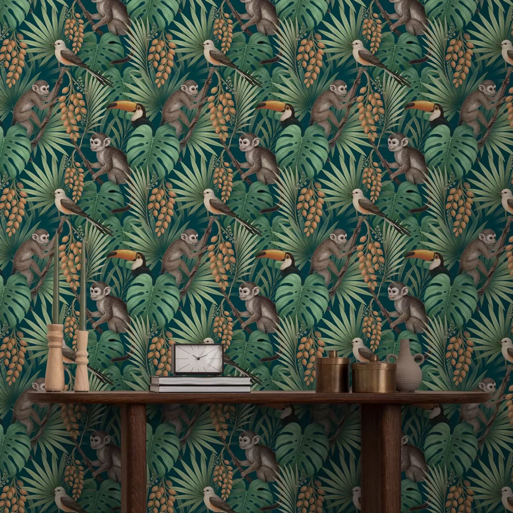 murales de pared Monos y aves tropicales en la densa vegetación de la selva. a01037