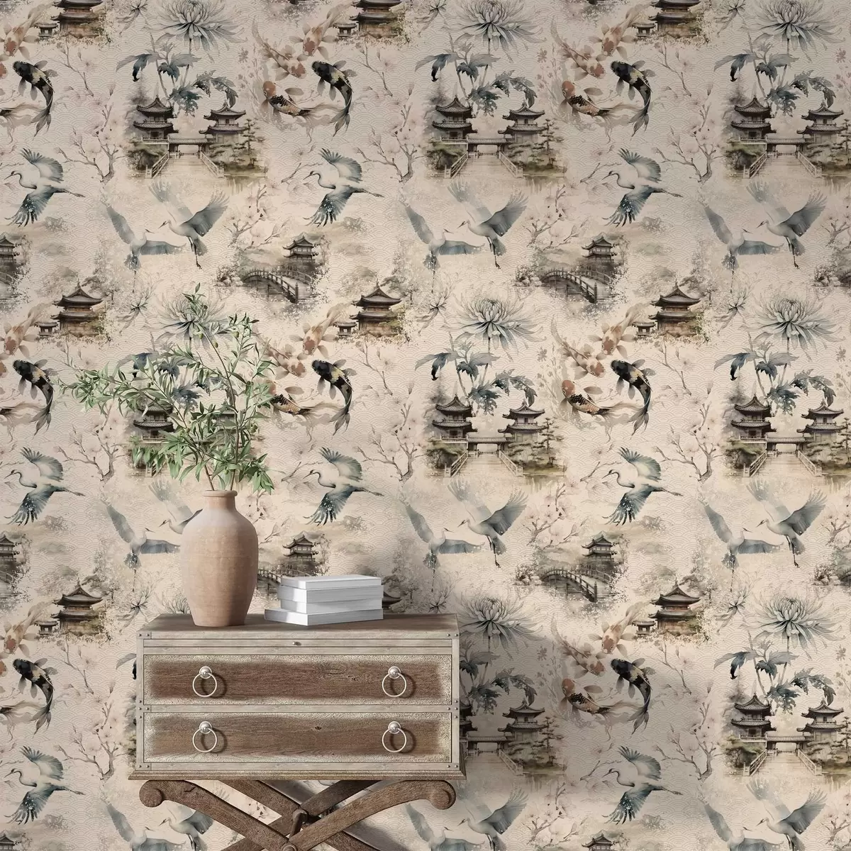 Papel pintado Templos japoneses, peces koi y grullas sobre un fondo suave. a01040