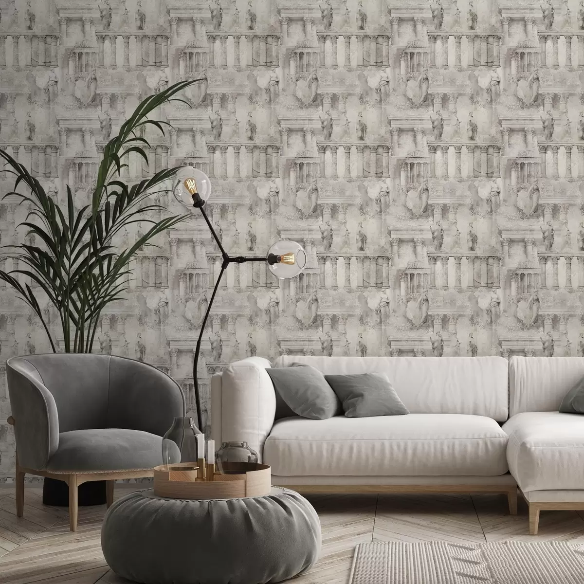Papel pintado Estatuas y columnas antiguas en suaves tonos beige grisáceos. a01041