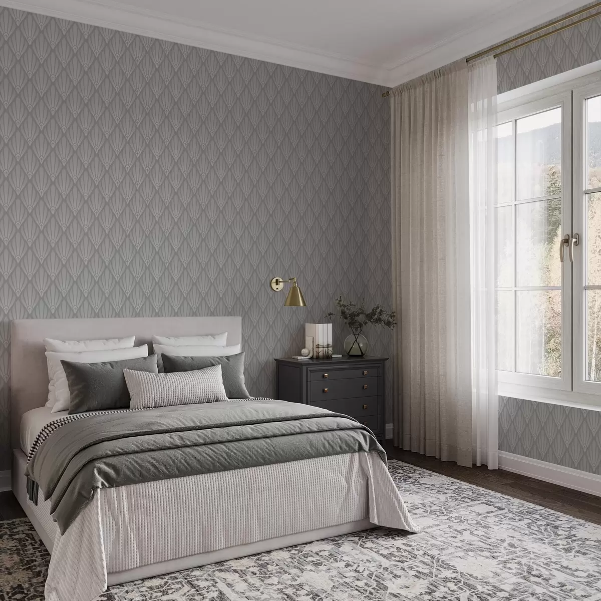 Papel pintado Art Déco gris con formas en forma de abanico a01064