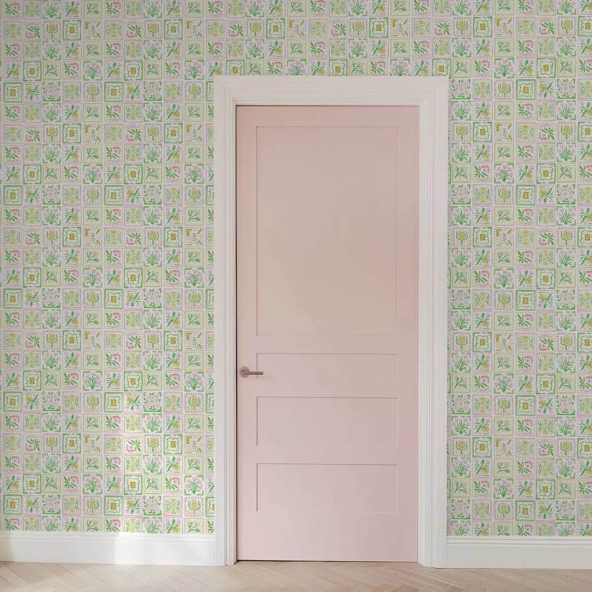 Papel pintado Cuadrados acuarelados con ramas rosas y verdes a01082
