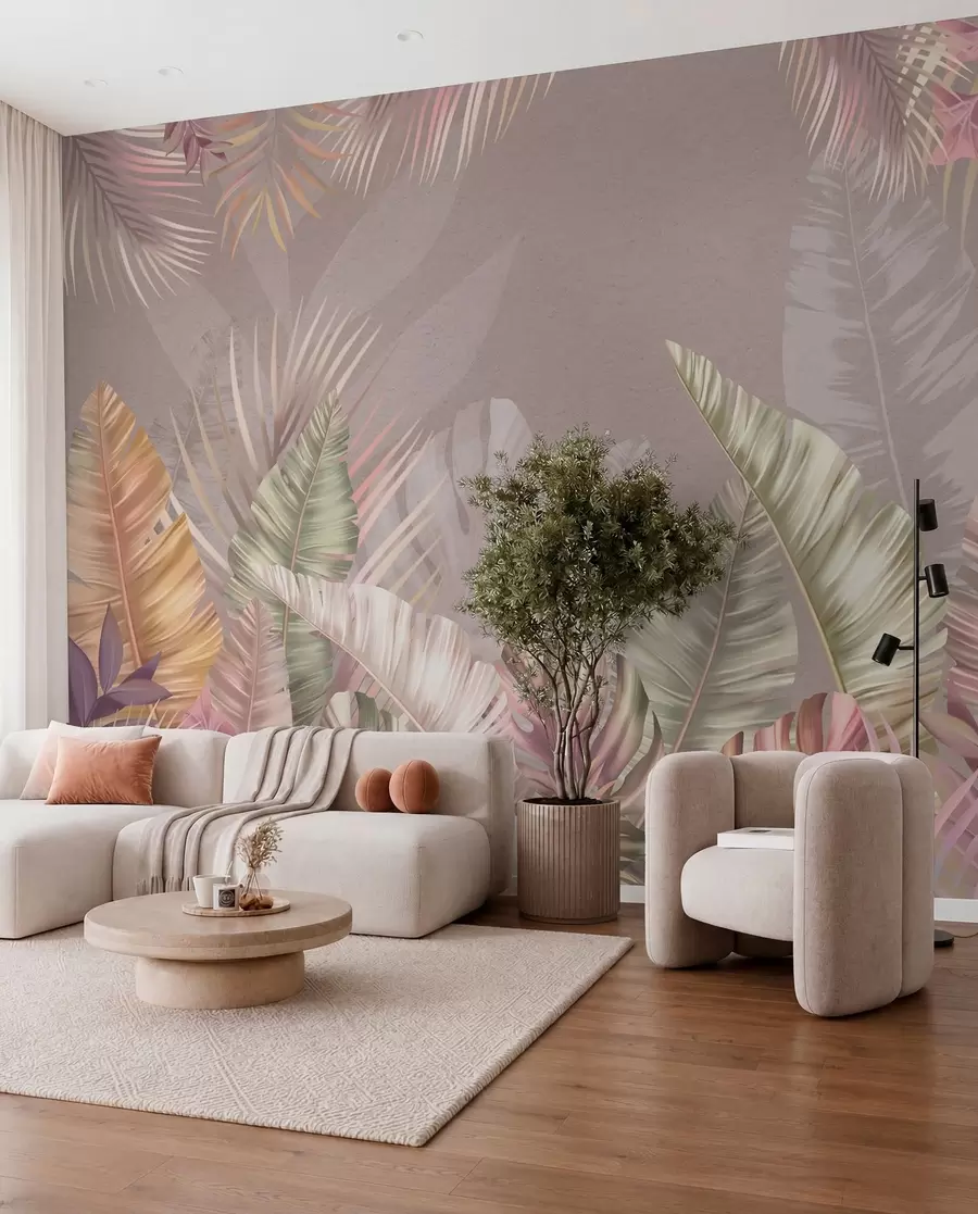 murales de pared Hojas tropicales en suaves tonos pastel w01684