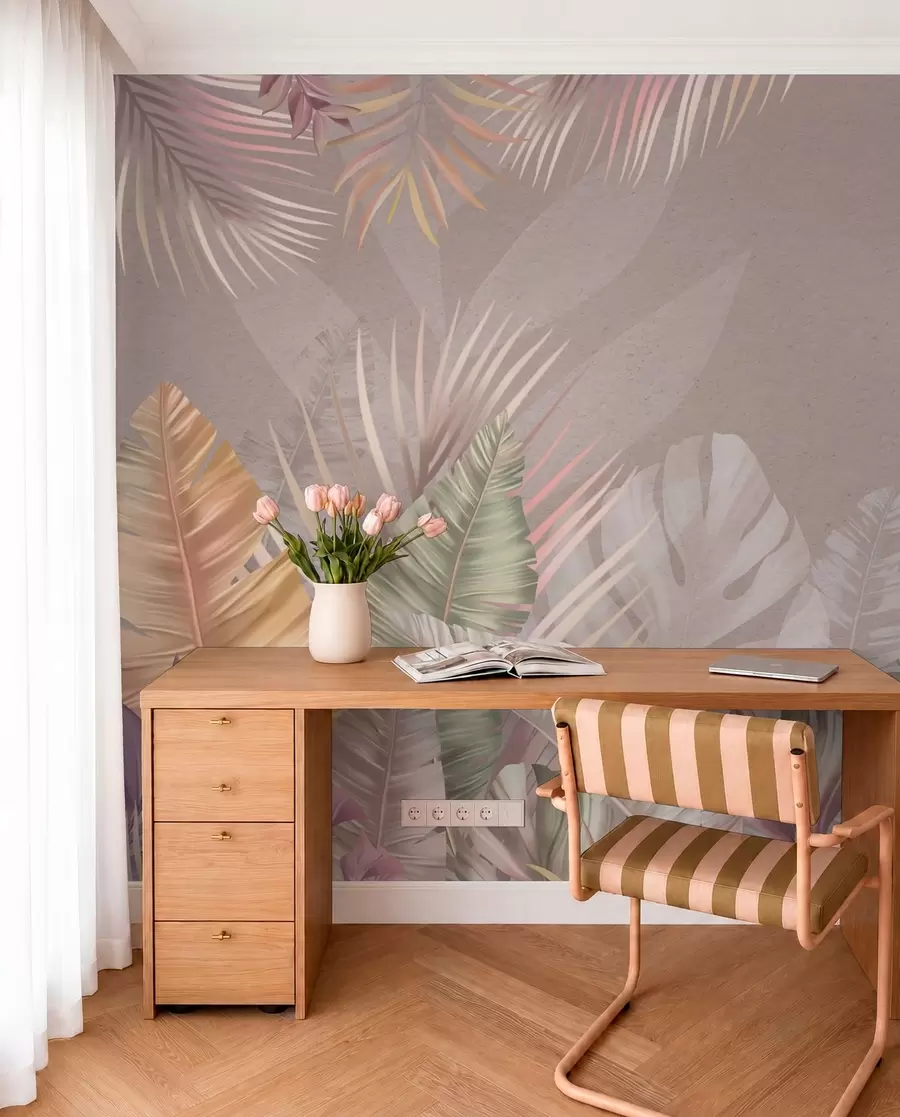murales de pared Hojas tropicales en suaves tonos pastel w01684