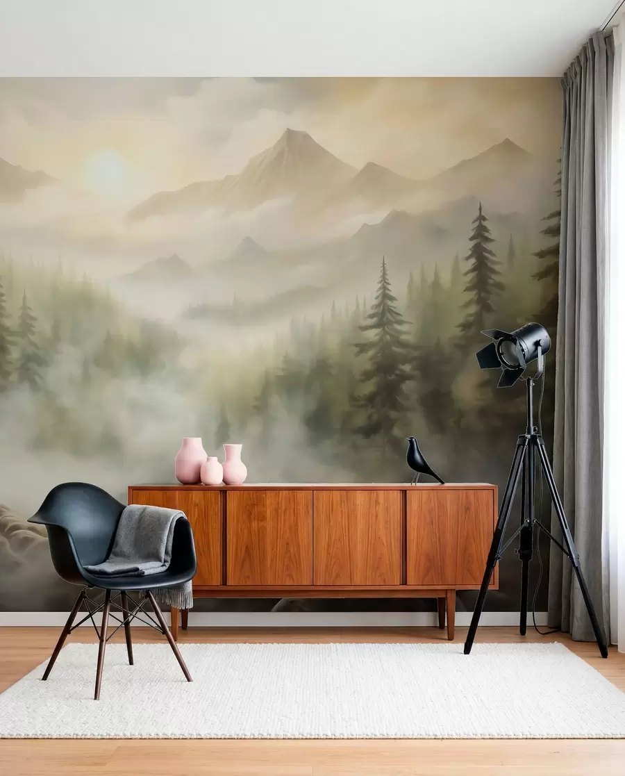 murales de pared Bosque en la niebla con las montañas como telón de fondo w04730