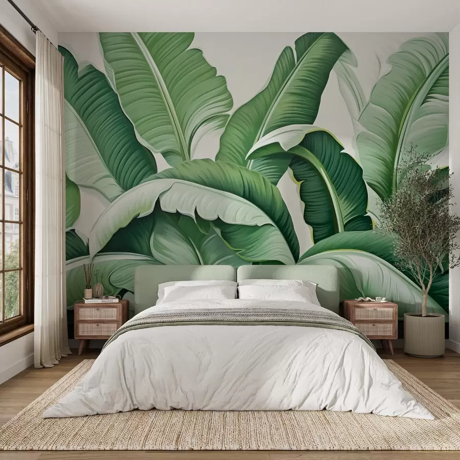 murales de pared Hojas de plátano tropicales verdes con efecto 3D. w09559