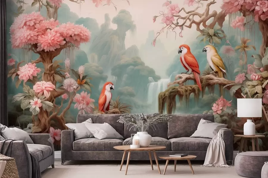 murales de pared Un bosque tropical de cuento de hadas con loros, árboles en flor con flores rosas y una cascada. w09580