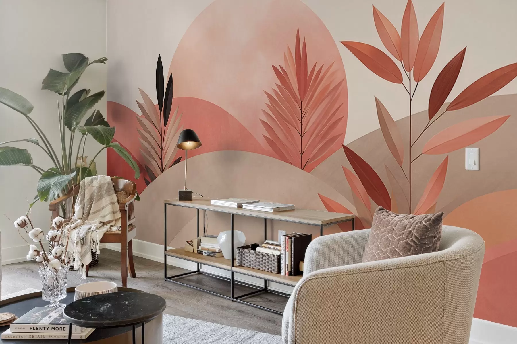 murales de pared Paisaje boho abstracto, sol detrás de colinas onduladas, plantas en primer plano, minimalista, texturizado, colores apagados. w09608