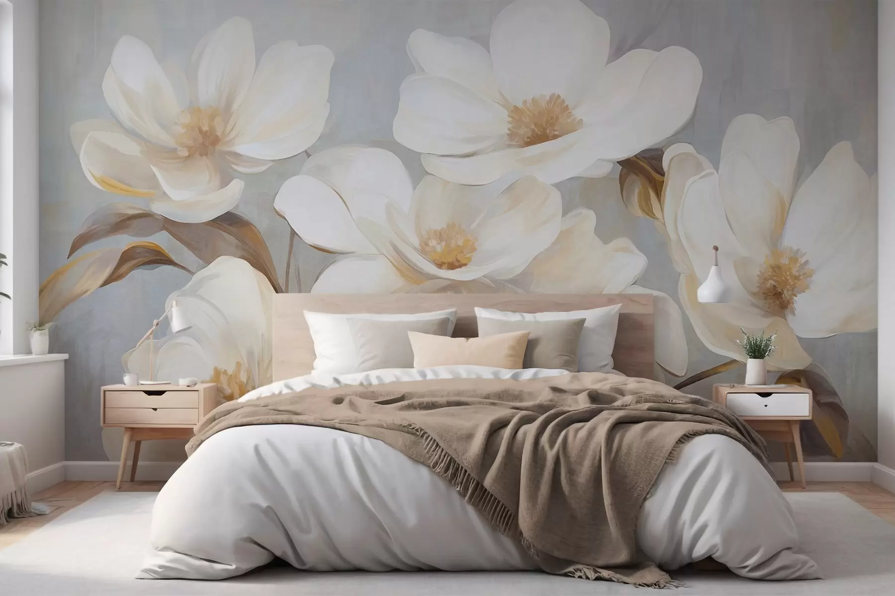 murales de pared Una pintura texturizada que imita varias flores blancas de magnolia sobre un fondo pastel apagado. w09612