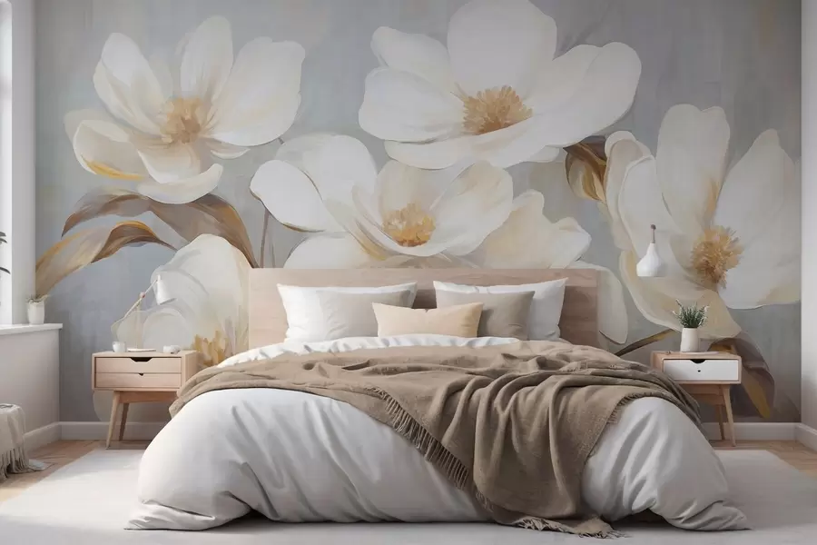 murales de pared Una pintura texturizada que imita varias flores blancas de magnolia sobre un fondo pastel apagado. w09612