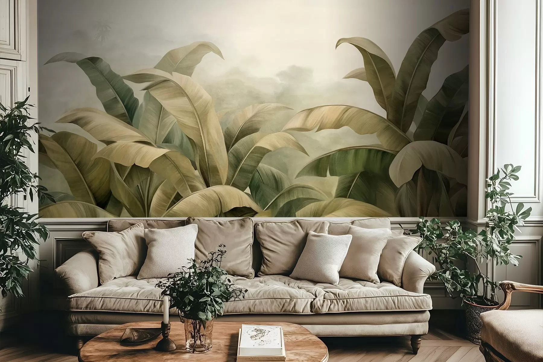 murales de pared Paisaje selvático denso y texturizado con grandes hojas de plátano en tonos verdes y beige apagados. w09613
