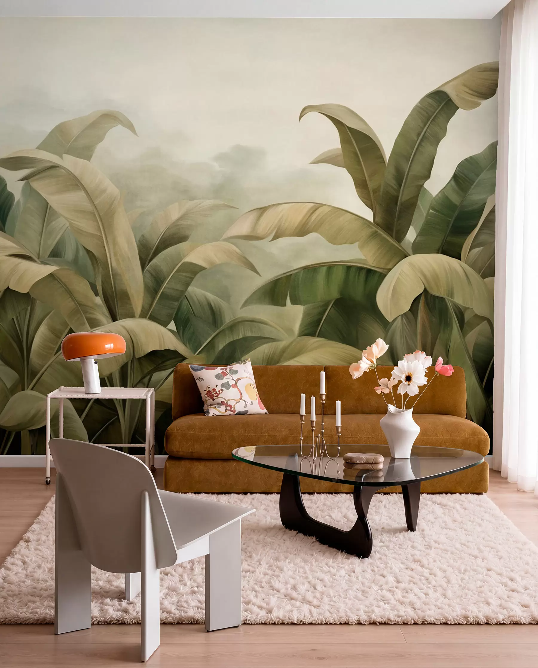 murales de pared Paisaje selvático denso y texturizado con grandes hojas de plátano en tonos verdes y beige apagados. w09613