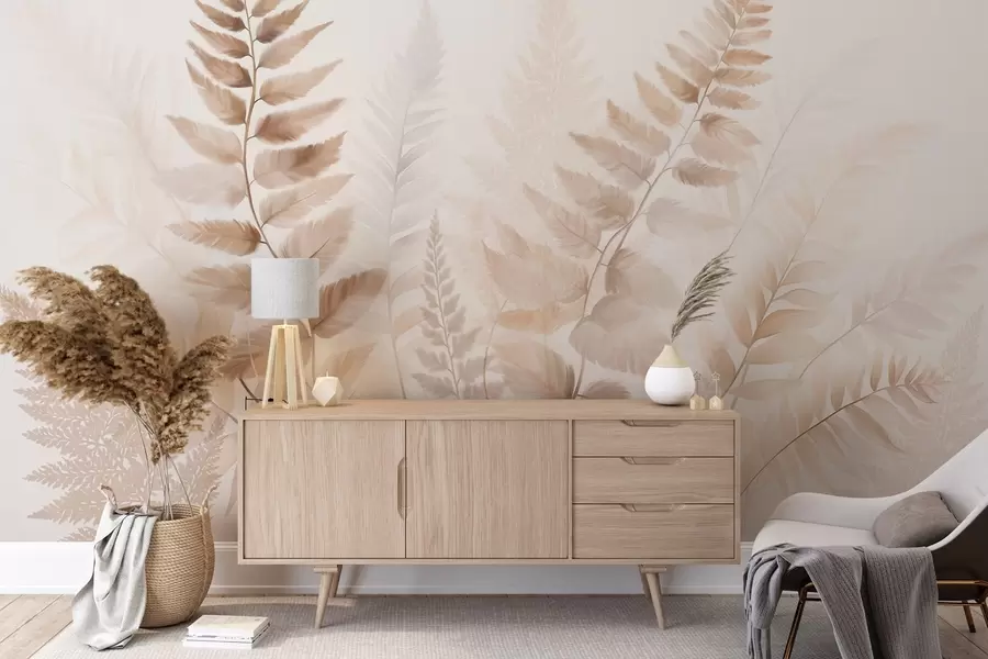 murales de pared Hojas secas de helecho con textura en varios tonos de marrón, con un fondo suave y claro en estilo acuarela. w09615