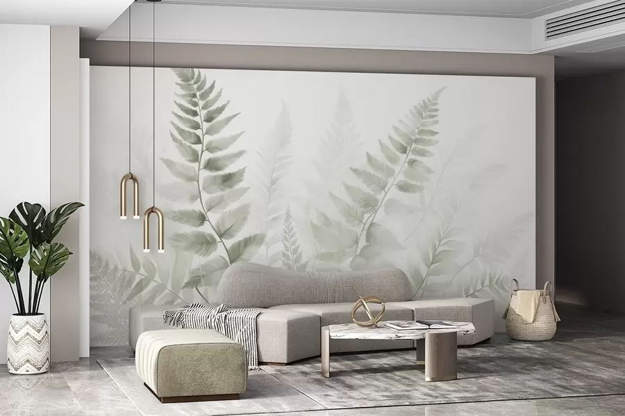 murales de pared Hojas secas de helecho con textura en varios tonos de verde, con un fondo suave y claro en estilo acuarela. w09615v1