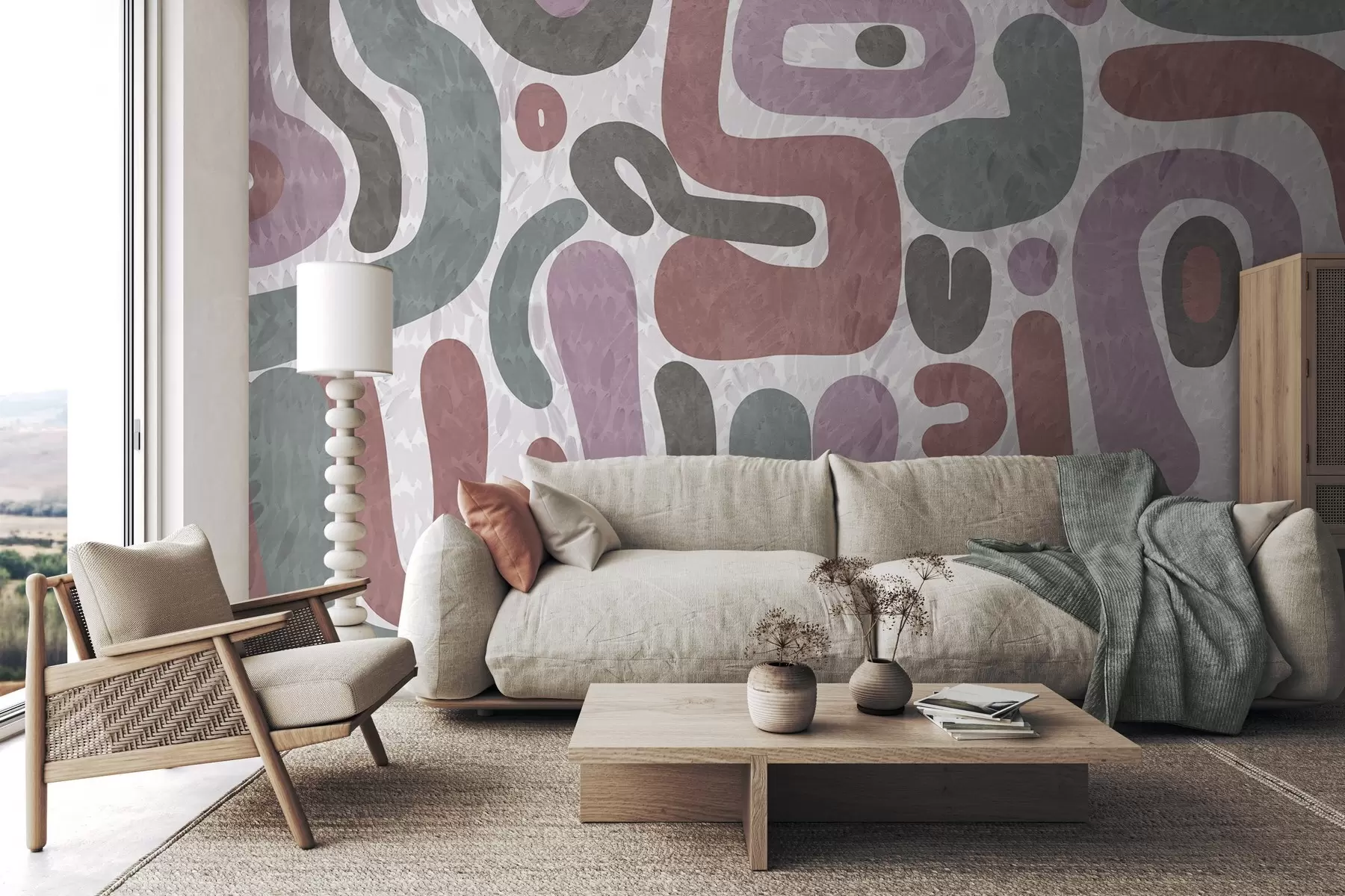 murales de pared Formas abstractas con textura en tonos apagados de rosa, verde y gris, sobre un fondo con textura. Arte moderno. w09622